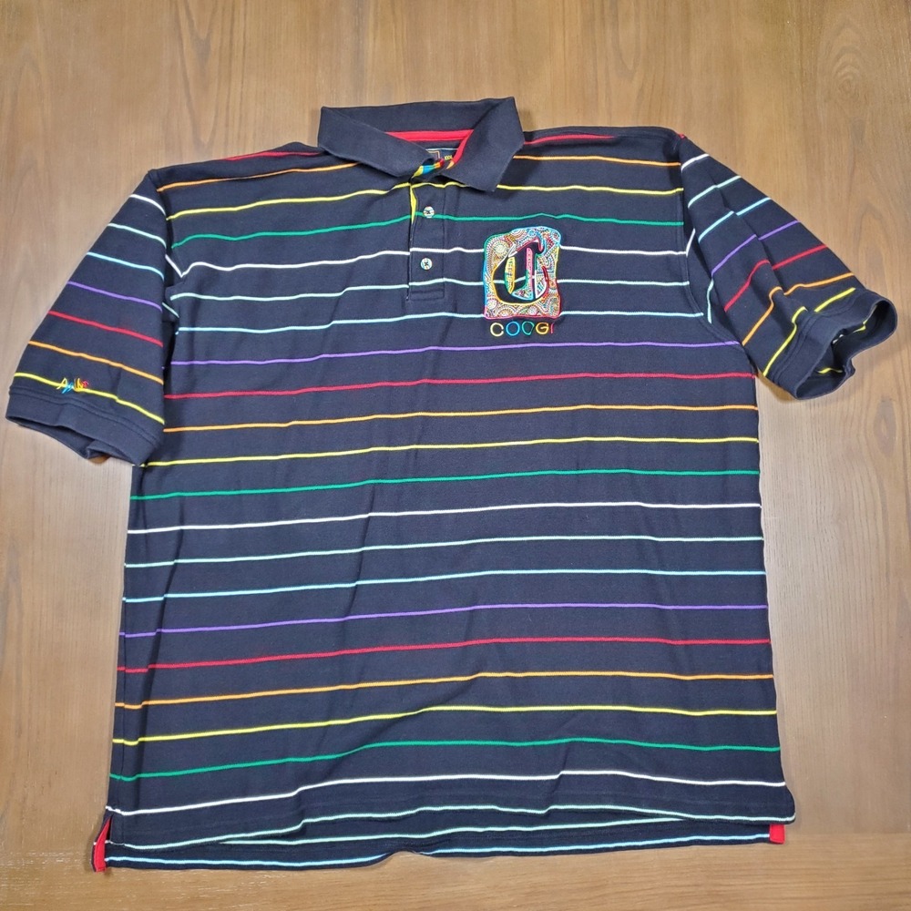Vintage Coogi Black Polo Shirt Mens 3XL Rainbow Stripe Embroidered Logo Big Tall